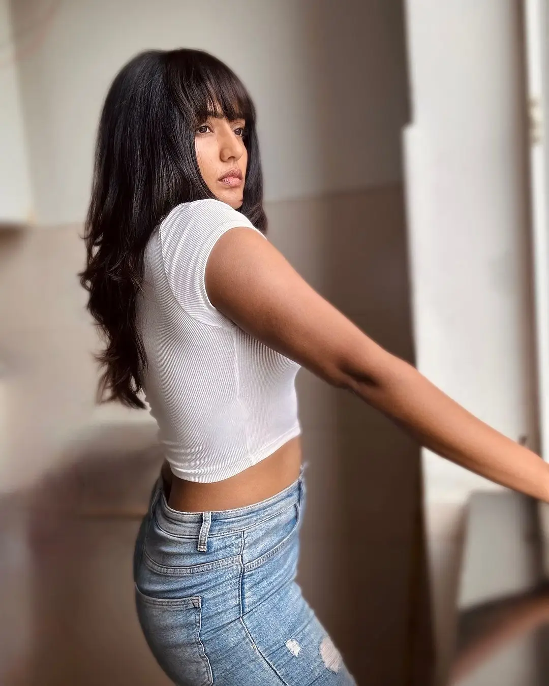 Eesha Rebba Stills in Beautiful White T Shirt Blue Jeans